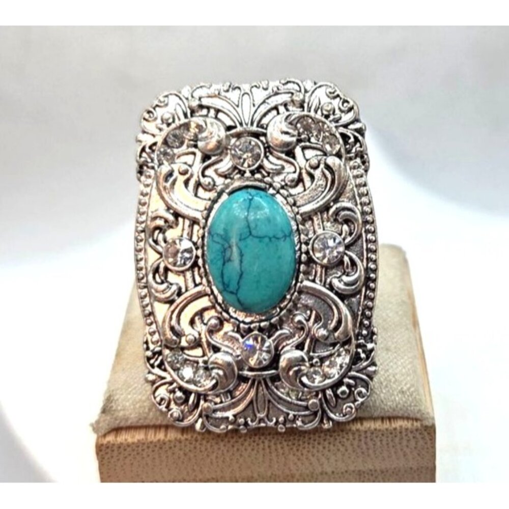 Silver Tone Filigree Ring With Turquoise Colored Stone & Crystals